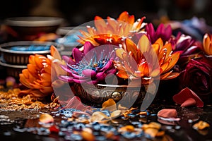 Diwali lights and mandala the warmth of illuminated oil lamps harmonizing with an ornate floral mandala