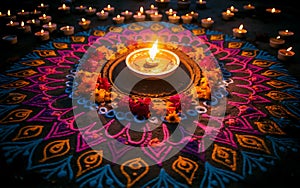 Diwali Rangoli Clay Diya lamps candles lit during Dipavali, Hindu festival of lights celebration