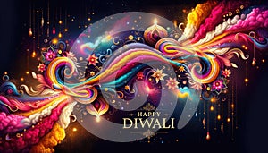 Diwali\'s ethereal diyas, poster showcasing vibrant powders in a celestial dance