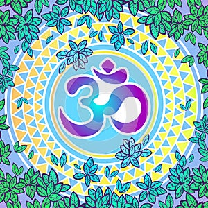 Diwali spiritual sign Om over tribal geometric pattern. Trendy and bright artwork compositin. Vector religious illustration, photo