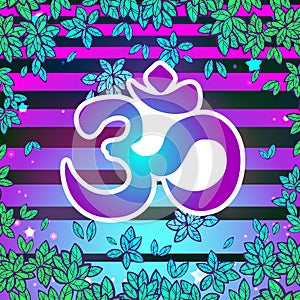 Diwali spiritual sign Om over the vibrant beaming background. Trendy and bright artwork compositin. Vector illustration. photo