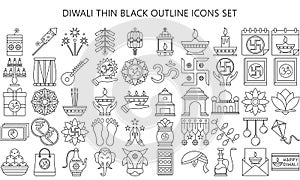 Diwali thin black outline icon set