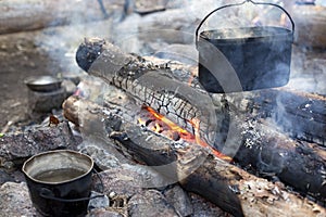 A dixy on the fire is on stones in the forest