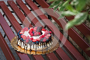 DIY cake with berries and chocolate on a wooden bench