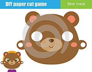 DIY children educational creative game. Make an animal party mask with scissors. Bear face paper mask for kids printable sheet