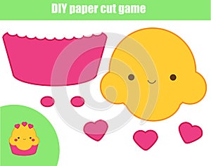 DIY children educational creative game. Paper cutting activity. Make a cute cupcake with glue and scissors