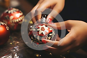 DIY Christmas decor: woman handcrafting balls