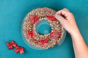 Diy Christmas pasta wreath on blue background. Gift idea, decor Christmas, Xmas, New Year