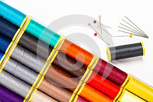 DIY concept multicolor Sewing thread and needle on white back gr