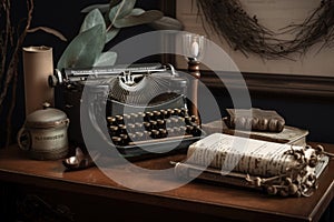 diy decor with vintage typewriter, paper roll, and feather pen