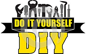 DIY do it yourself banner with silhouettes of workers tools: ham