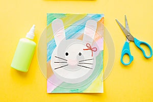 DIY Easter card. How to make paper bunny for Easter greetings. Step by step photo instruction. Paint eyes, whiskers