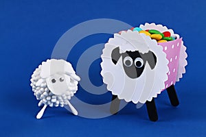 Diy Eid al adha lamb sheep cotton pads, cotton buds, swabs on blue Gift idea, decor Eid al adha