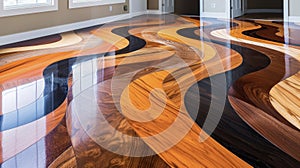 A DIY hardwood floor installation featuring grain patterns and hues specifically chosen to create a bold abstract design