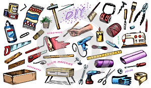 DIY icons. Hardware Shop concept. Glue, wood planks, sewing machine. Tools or instruments for home renovation. Banner