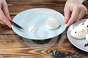 DIY instruction. Step by step guide. Making a funny rabbit from boiled eggs, decorating the Easter table, Easter decor and serving