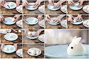 DIY instruction. Step by step guide. Making a funny rabbit from boiled eggs, decorating the Easter table, Easter decor and serving