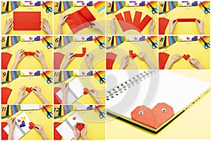 DIY instruction. Step by step guide. The process of making a bookmark for a book in the form of a heart for Valentine\'s Day
