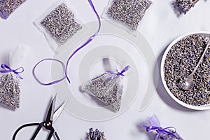 DIY lavender sachets for home, ideas for gifts, transparent package with natural scented dried flowers, white lavender