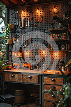 DIY makers workshop with tools organized on pegboards8K