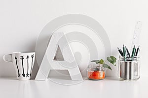 Diy office decoration on white background.