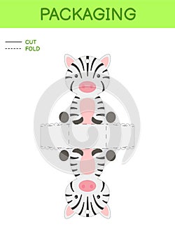 DIY party favor box die cut template design for birthdays, baby showers with cute zebra for sweets, candies, small presents.