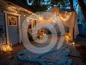 DIY projector in backyard under string lights, wrinkled sheet screen, transitioning dusk sky, blue tarps resembling waves, small photo