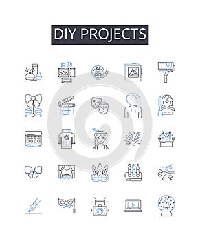 DIY projects line icons collection. Glamping, RVing, Outdoors, Wilderness, Adventure, Campfires, Nature vector and