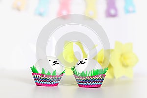 Diy rabbit from easter eggs on white background. Gift ideas, decor Easter, spring. Handmade