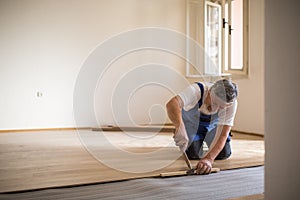 Senior landlord lying parquet floor board/laminate flooring in a rental appartement photo