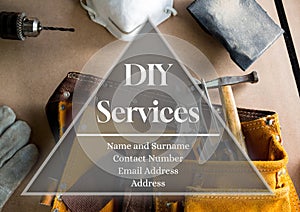 Diy services, name and surname, contact number, email address, address over work tools on table