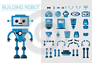 DIY Set of vector robots details in flat cartoon style. Cute Cartoon Robotic separate parts for creation of Artificial