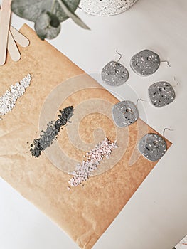 DIY terrazzo decoration materials and tool kit. Handmade earrings or christmas balls