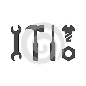 Diy tools black vector icon set. Hammer, bolt, nut, spanner and screwdriver.