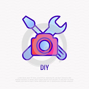 DIY video thin line icon: camera with work tools. Modern vector illustration for blogger logo