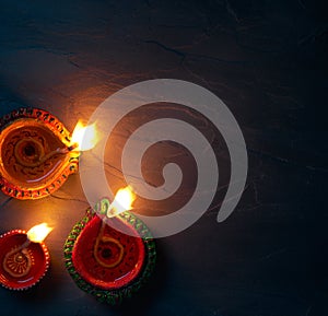 Diya lamps lit during diwali celebration
