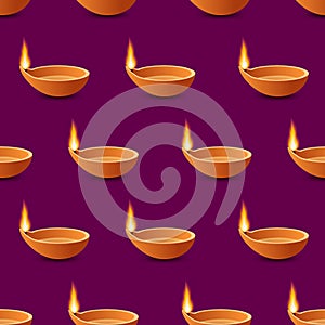 Diya oil lamp isometric with flame seamless pattern for decoration indian festival Diwali