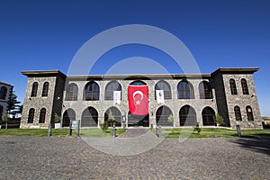 Diyarbakir Museum main building viev with turkish flag, Diyarbakir