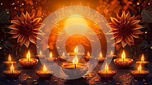 Diyas Lit and Vibrant Sun Design. Diwali Celebrations, Sinhala New Year Greeting Card. AI Generated