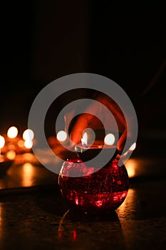 DiyaTraditional Divali indian festival,Happy Diwali, Diya lamps lit during diwali celebration