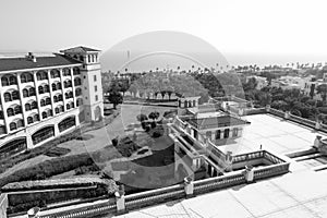 Overlook Xiamen Victoria Hotel at seaside, black and white image photo
