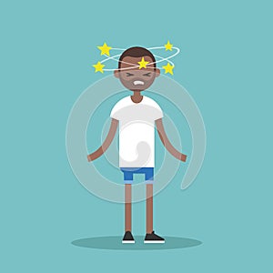 Dizziness conceptual illustration. Young black man with stars sp