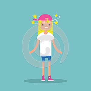 Dizziness conceptual illustration. Young blond girl with stars spinning around her head