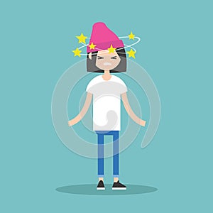 Dizziness conceptual illustration. Young brunette girl with star