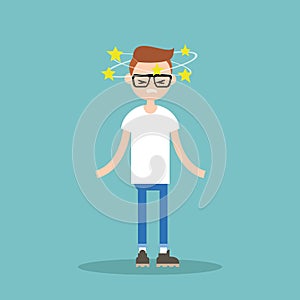 Dizziness conceptual illustration. Young nerd with stars spinning around his head / flat editable vector illustration