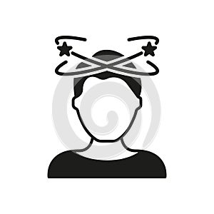 Dizziness, Migraine, Headache, Distracted Head Silhouette Pictogram. Front View. Man Feel Dizzy Glyph Icon. Tired Man