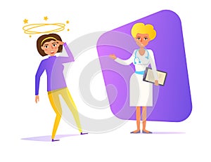 Dizziness Vector. Cartoon. Isolated art Woman Violet color