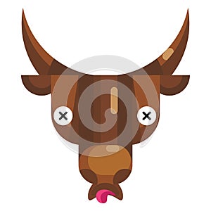 Dizzy bull face emoji, cow with crossed eyes icon isolated sign