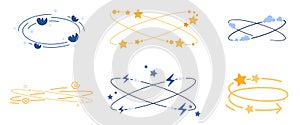 Dizzy line icons set, vertigo dizziness symbols collection with spinning stars and clouds