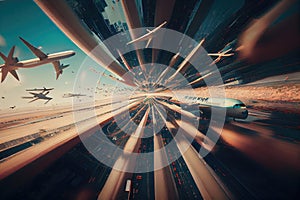 dizzying aerial shot of a busy airport with airplanes taking off and landing